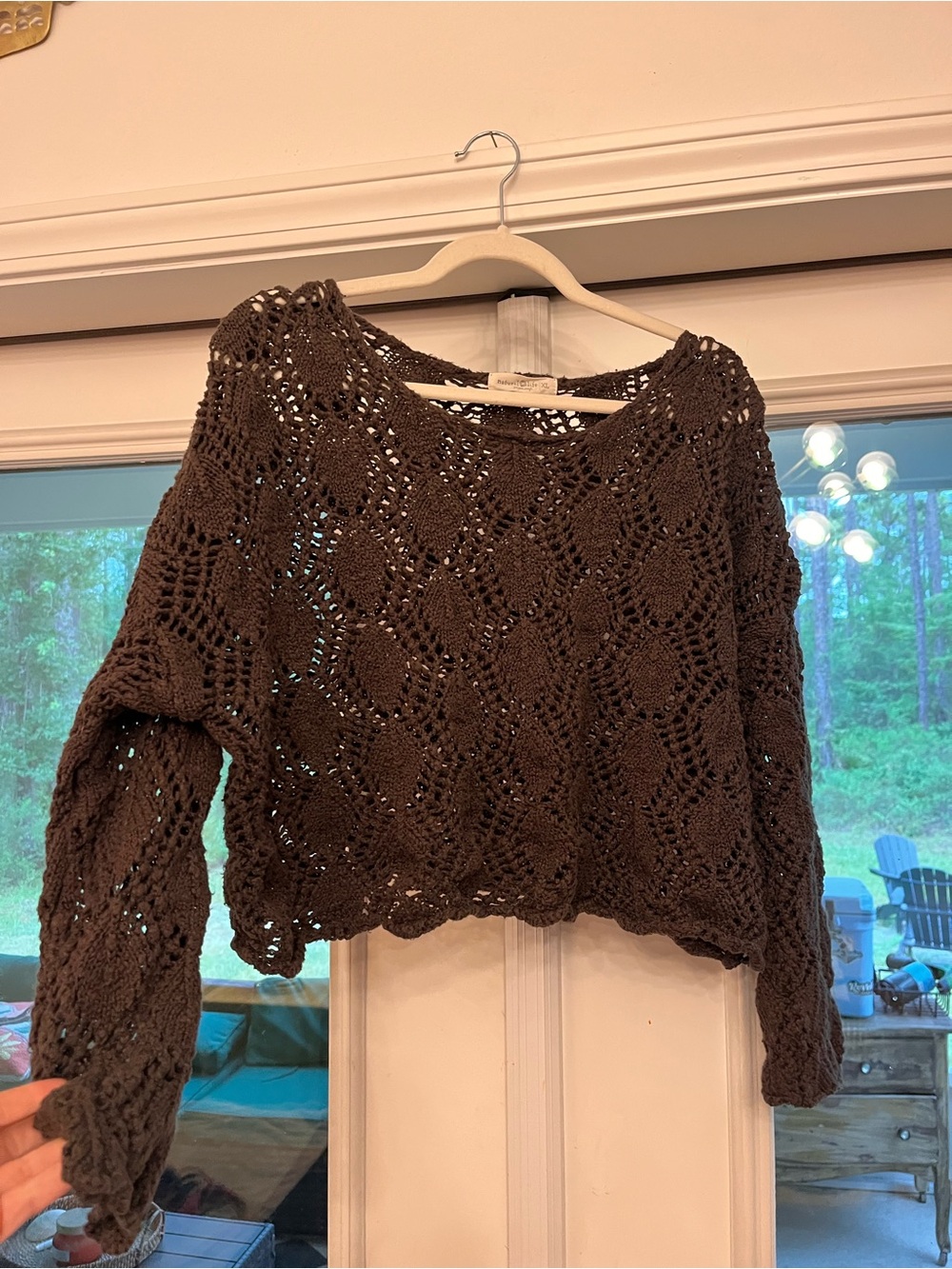 Natural Life Grey Crochet Knit Sweater XL Boho Oversized Open Knit